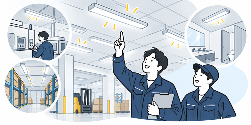 LED化が完了した明るい工場内と照明設備